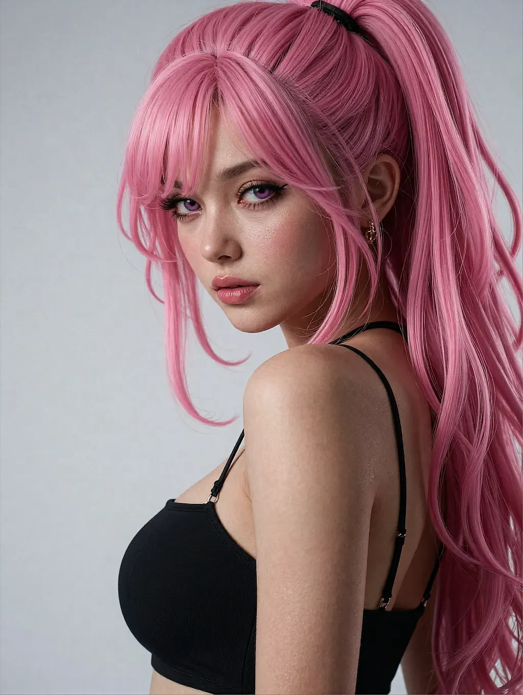 Fictional AI character with long pink hair in a black top against a plain grey studio wall
