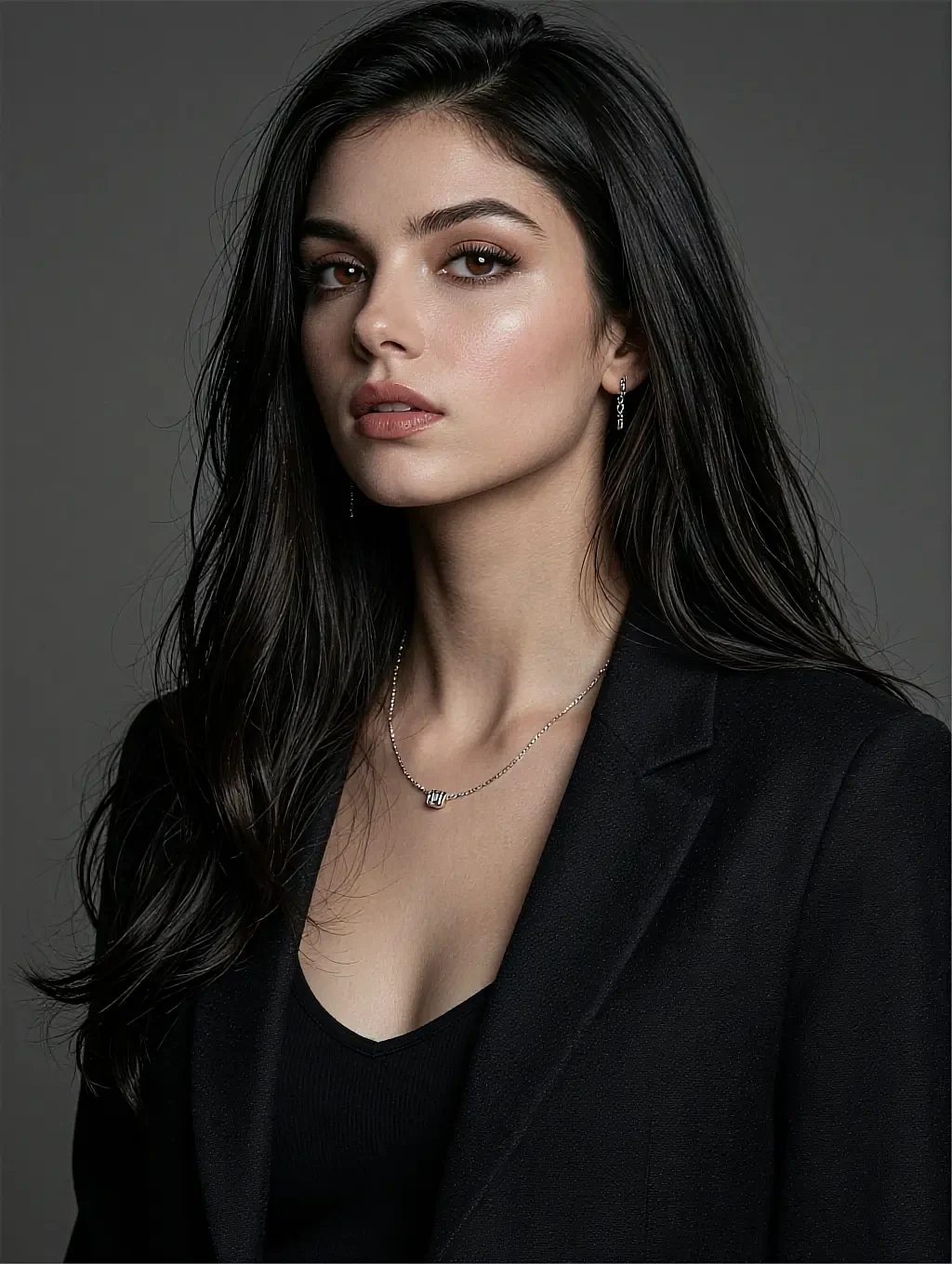 Fictional AI character with long dark hair in a black blazer, photographed against a dark wall