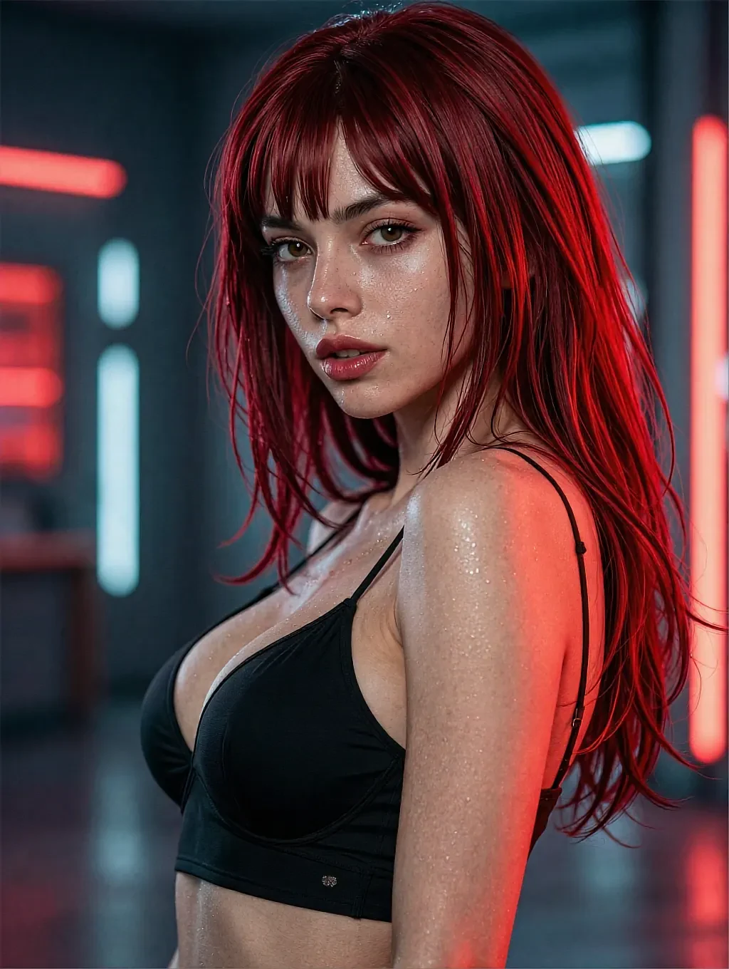 Fictional AI character with bright red hair in a black bra under red neon signs
