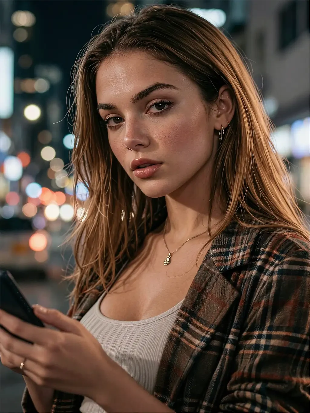Fictional AI character in a plaid coat holding her phone on a night street full of bokeh lights