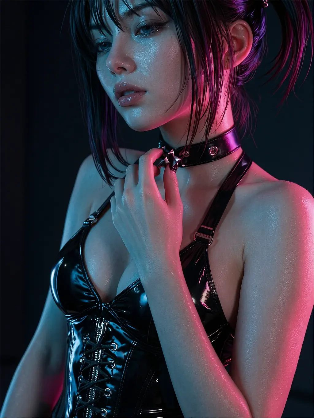 Fictional AI character with dark purple hair in a harness top and collar, lit pink and blue, facing the lens