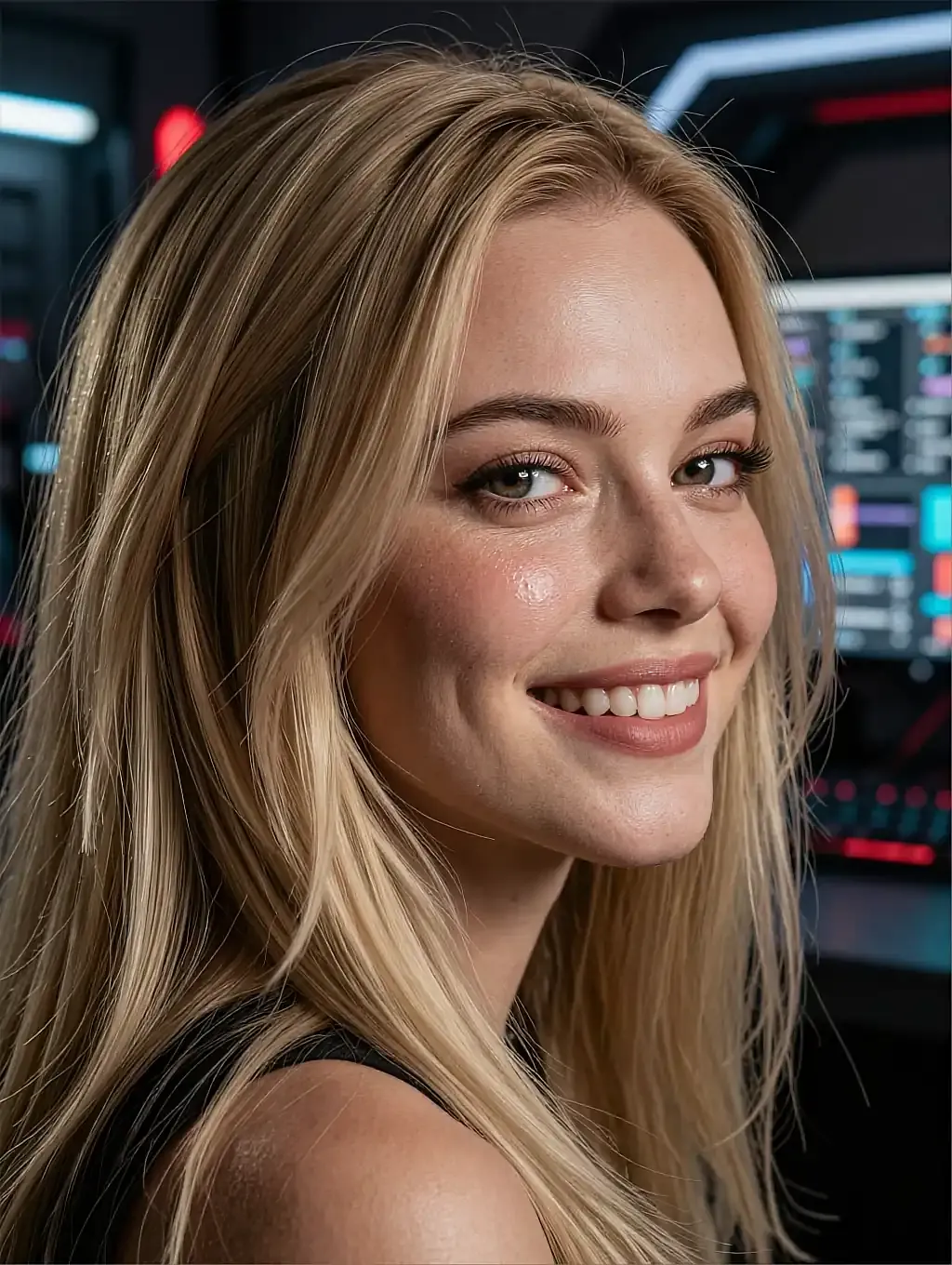 Fictional AI character with blonde hair smiling broadly in warm golden light