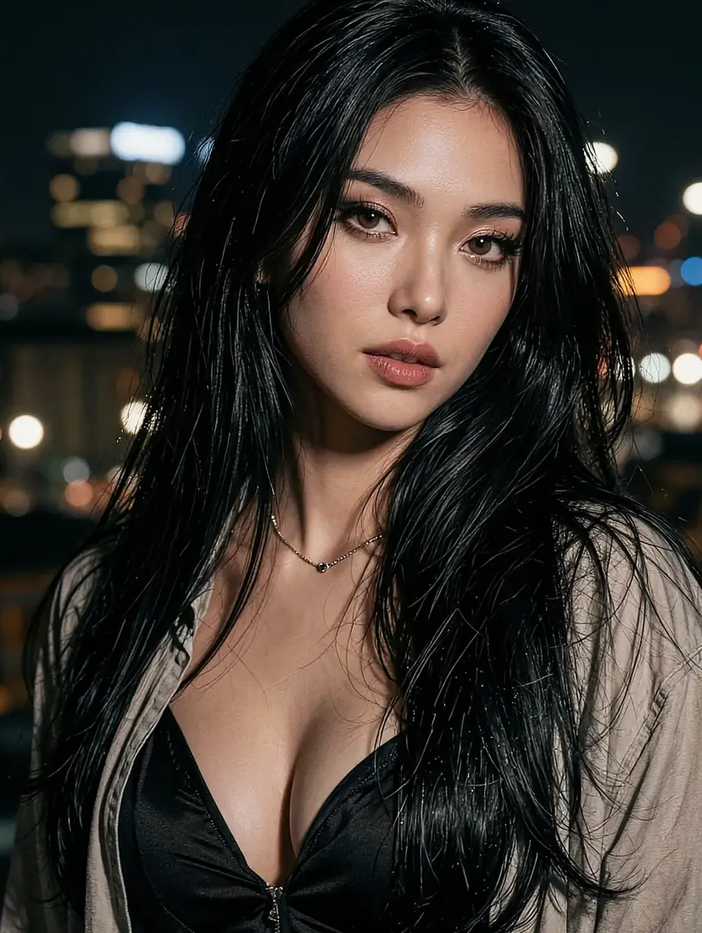 Fictional AI character with rain-damp dark hair in a black jacket against night-city bokeh, looking into the lens